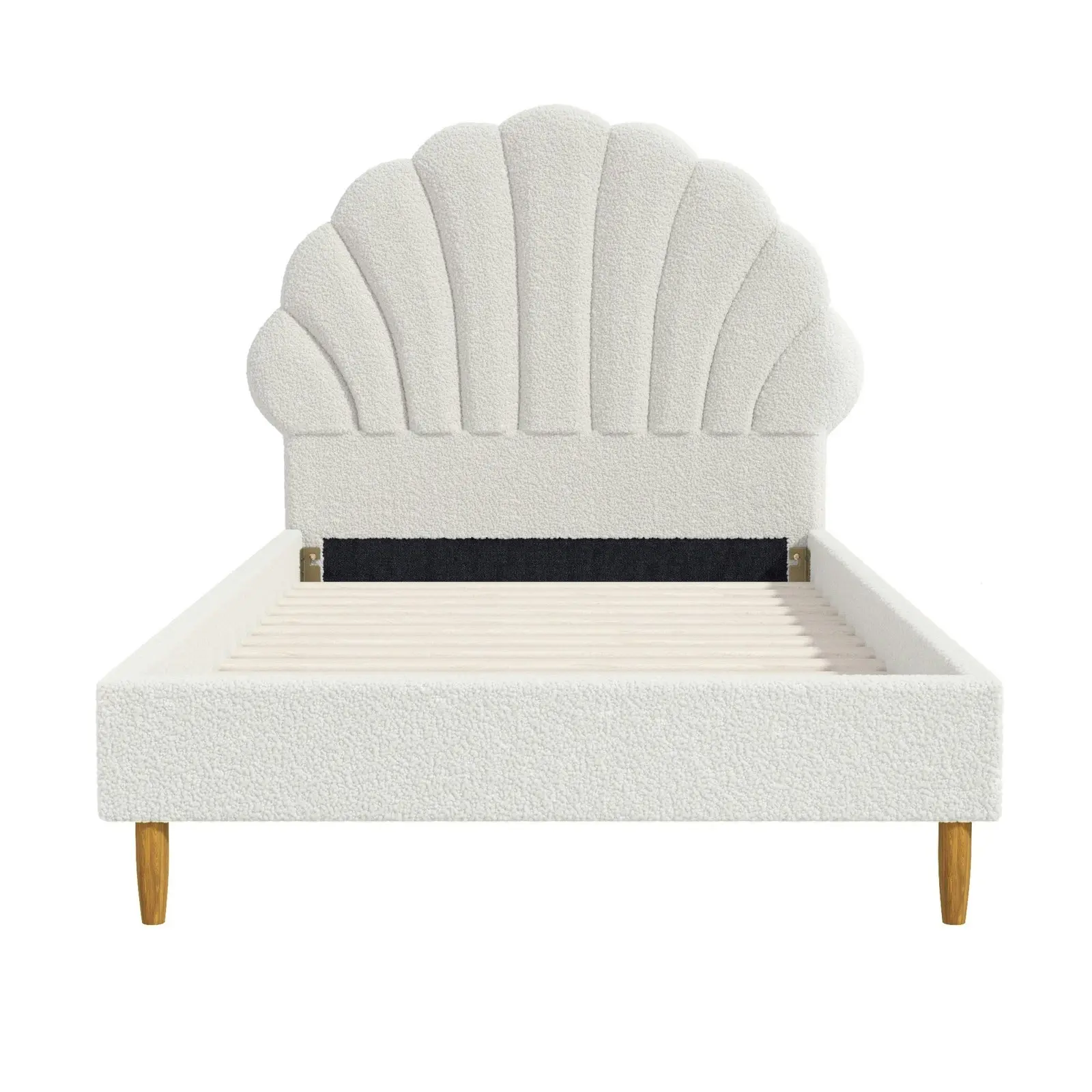 Oikiture Bed Frame Single Size Scallop-Shape Bedhead White Boucle