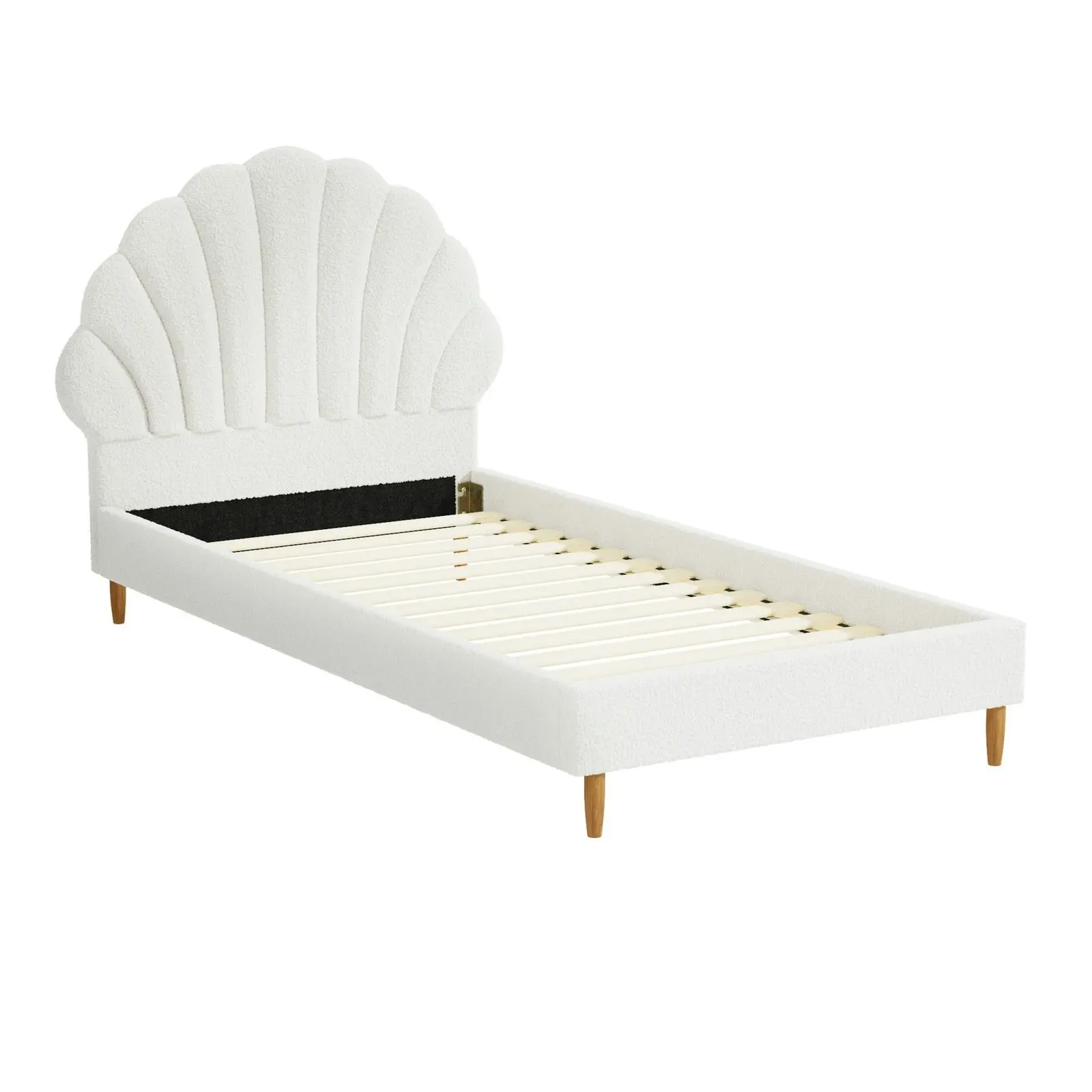 Oikiture Bed Frame Single Size Scallop-Shape Bedhead White Boucle