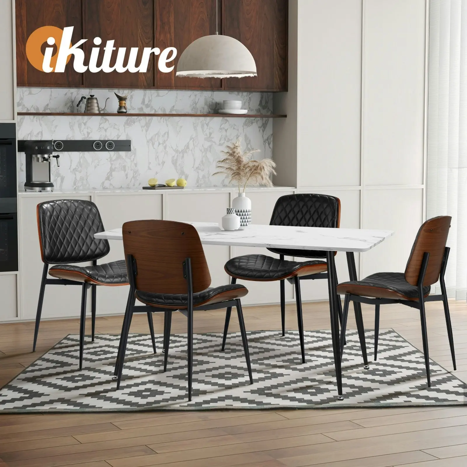 Oikiture 2x Dining Chairs Retro Faux Leather Solid Beech Wood Metal Legs Black