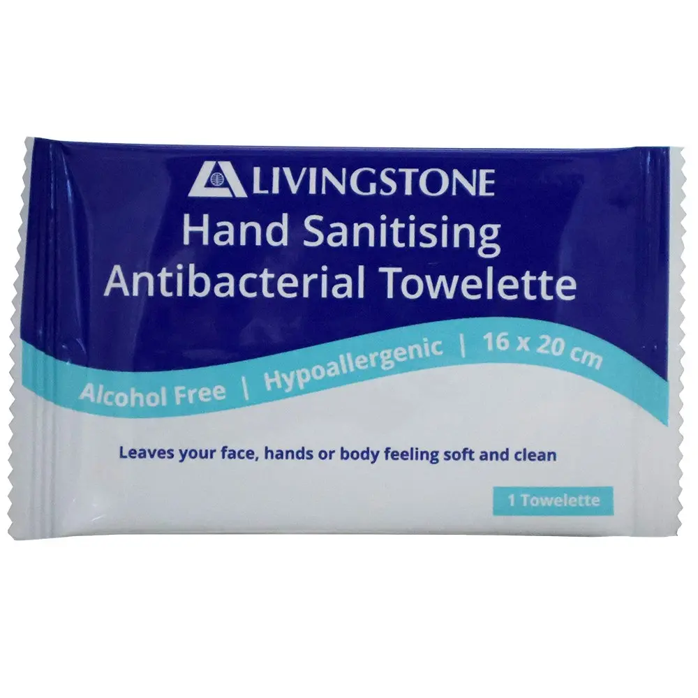 Livingstone Hand Sanitising Antibacterial Towelette Wipe 16 x 20cm 100 Bag x8