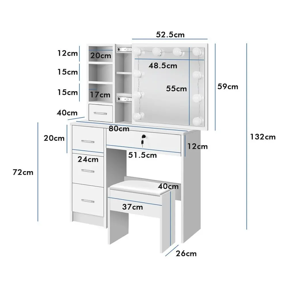 Alfordson Dressing Table Stool Set Mirror Bulbs White