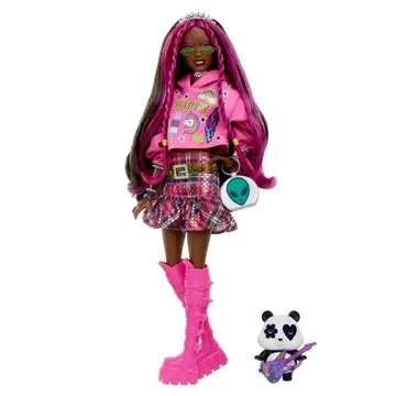 Barbie Extra Doll With Pet Panda, Pink-Streaked Brown Hair, Hoodie, Plaid Skirt and Accessories