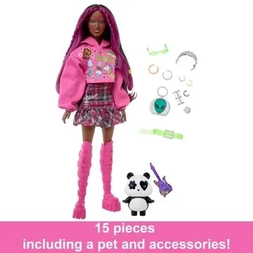 Barbie Extra Doll With Pet Panda, Pink-Streaked Brown Hair, Hoodie, Plaid Skirt and Accessories