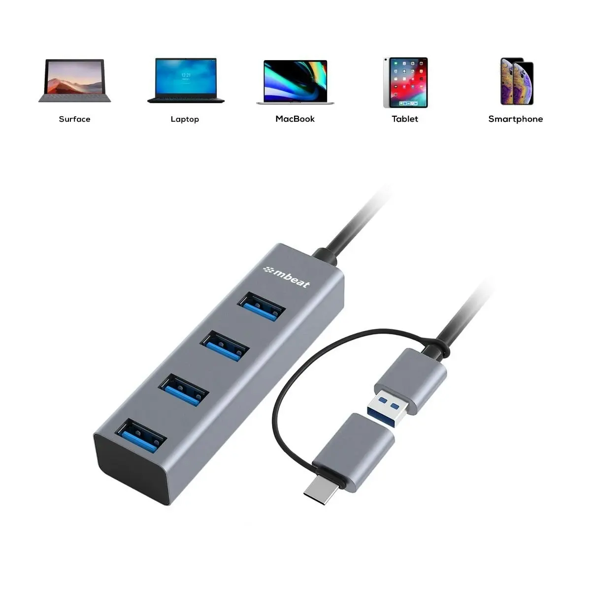 mBeat 4 Port Usb 3.0 Hub With 2in1 Usb 3.0 & Usb-c Converter - Grey