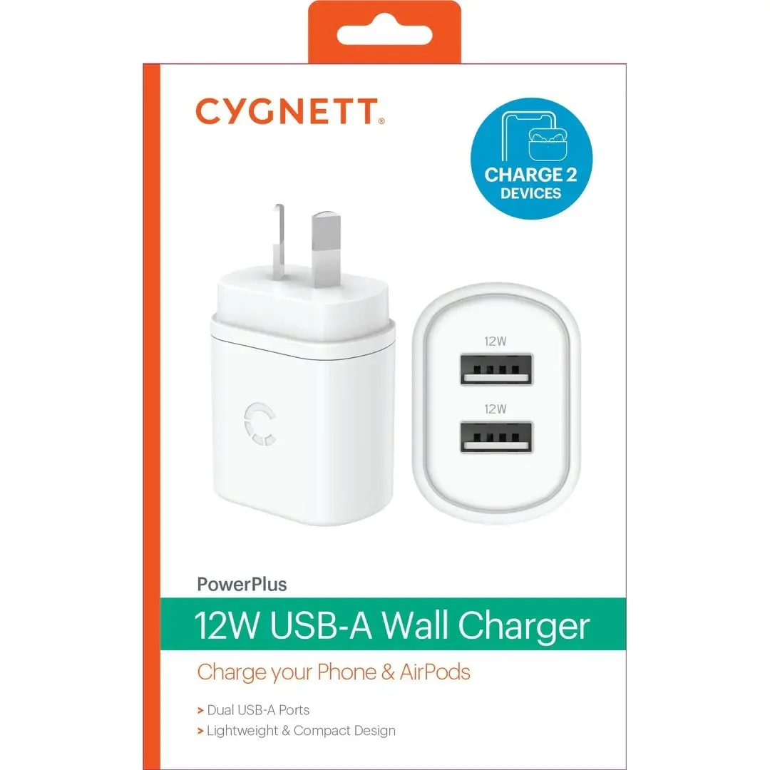 Cygnett Powerplus Dual Port Usb-a Wall Charger 12w - White