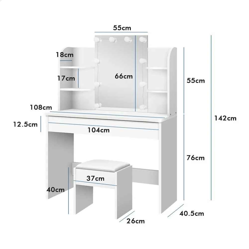 Alfordson Dressing Table Stool Set Bulbs Shelf White