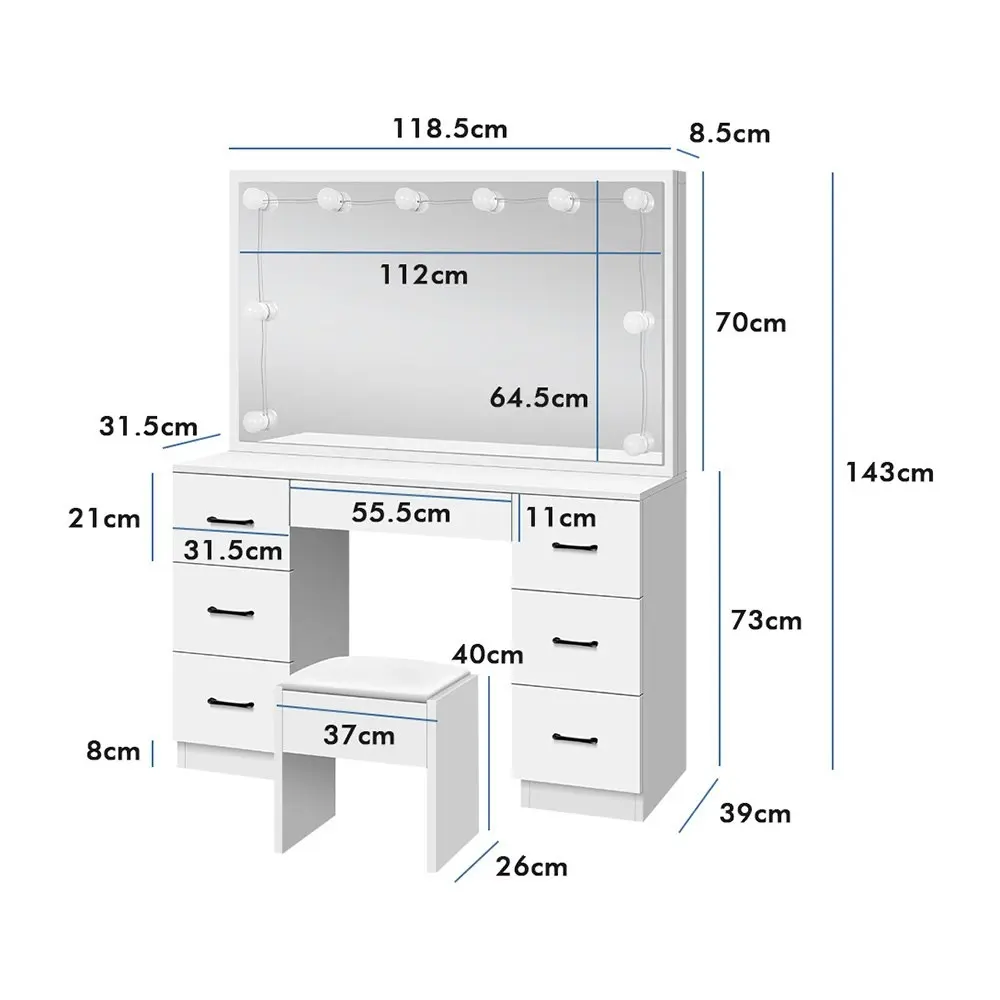 Alfordson Dressing Table Stool Set 10 Bulbs White
