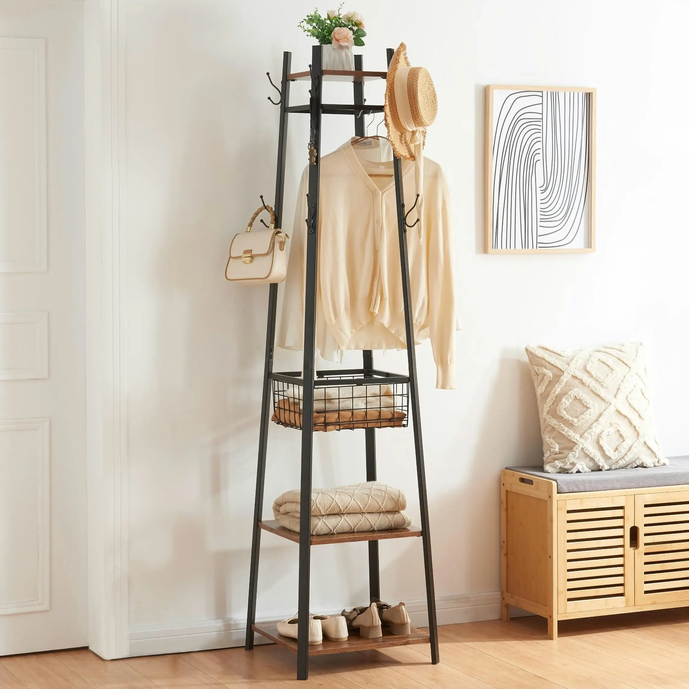 HLIVING Entryway Coat Rack with Metal Basket and 2 Shelves, Rustic Brown