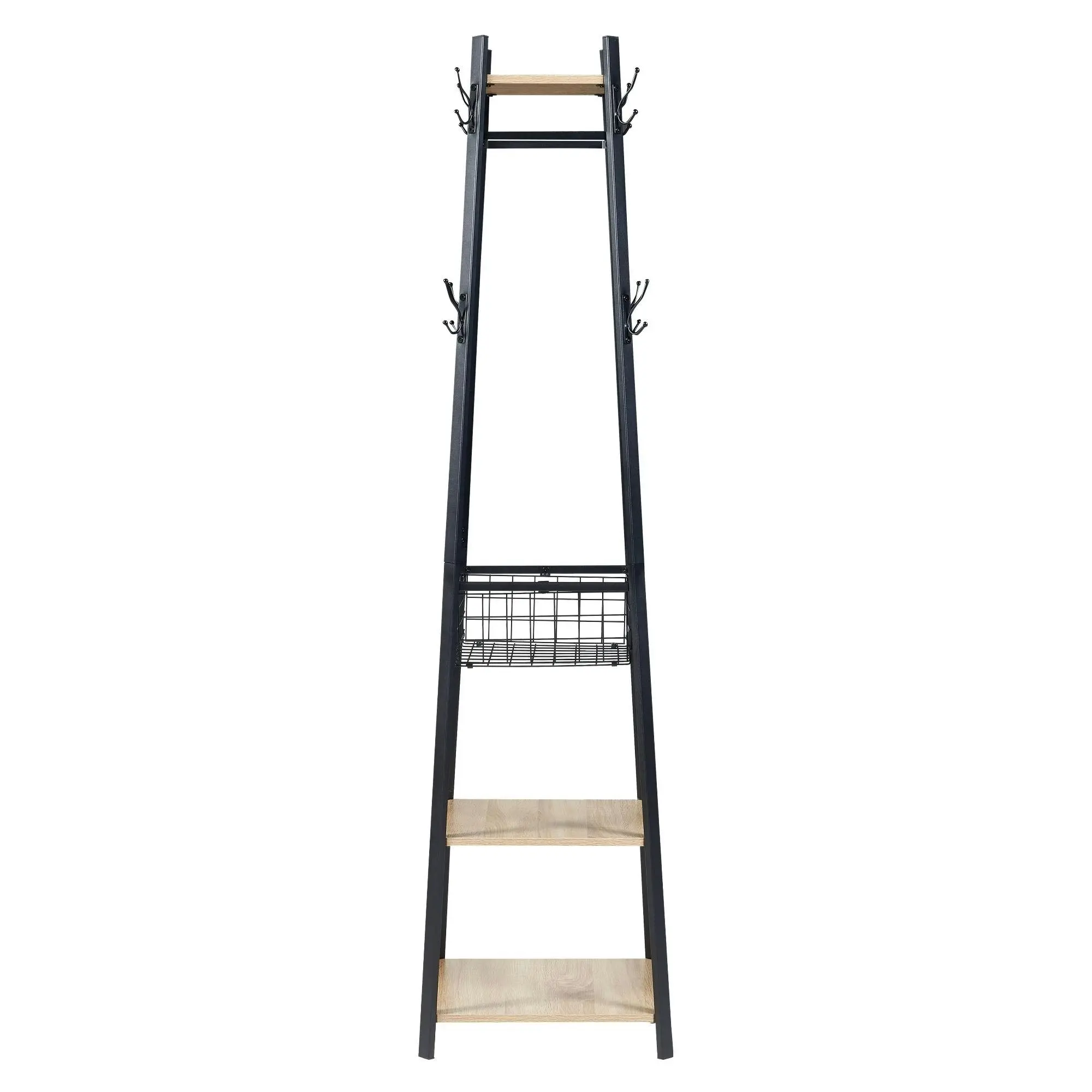 HLIVING Entryway Coat Rack with Metal Basket and 2 Shelves, Light Oak