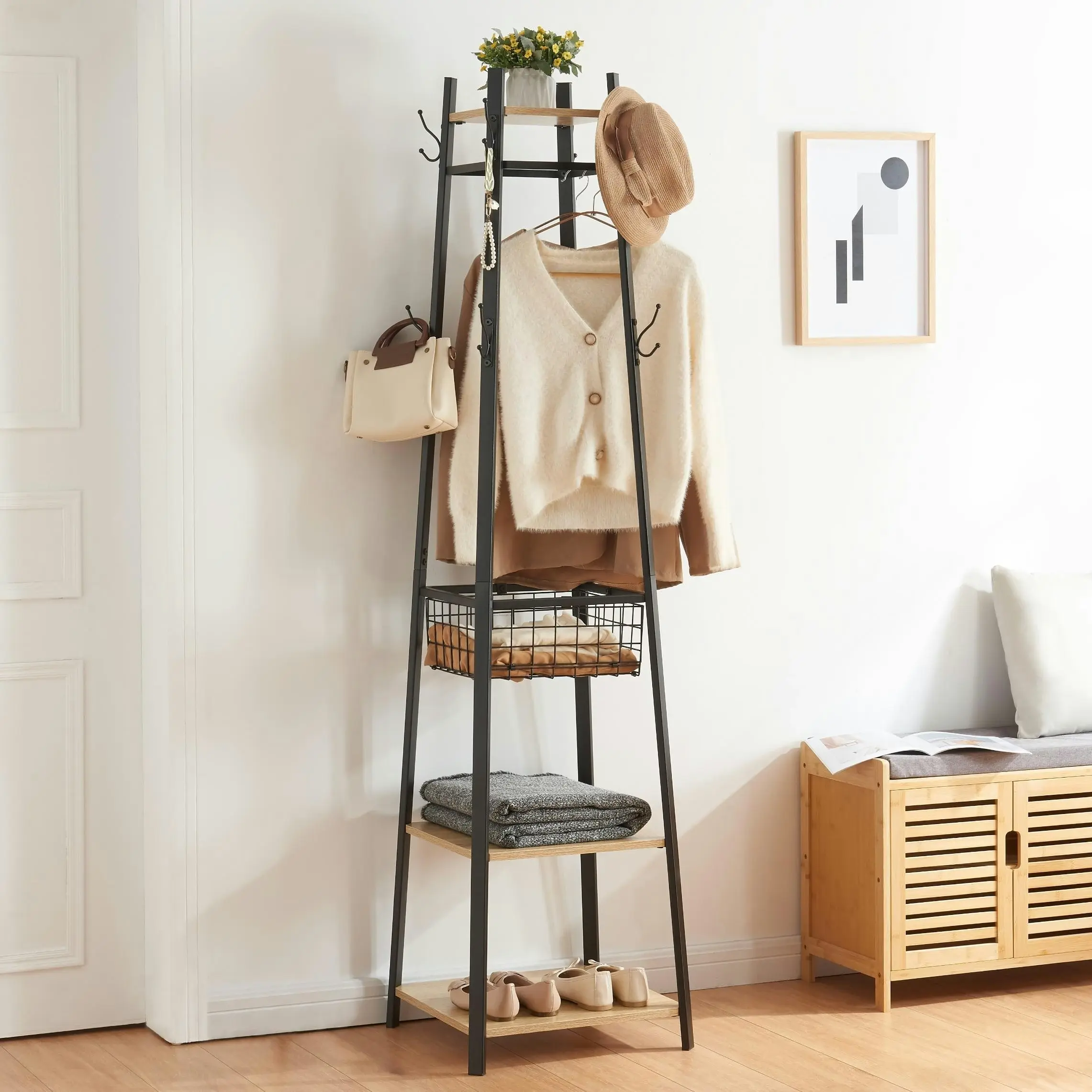 HLIVING Entryway Coat Rack with Metal Basket and 2 Shelves, Light Oak