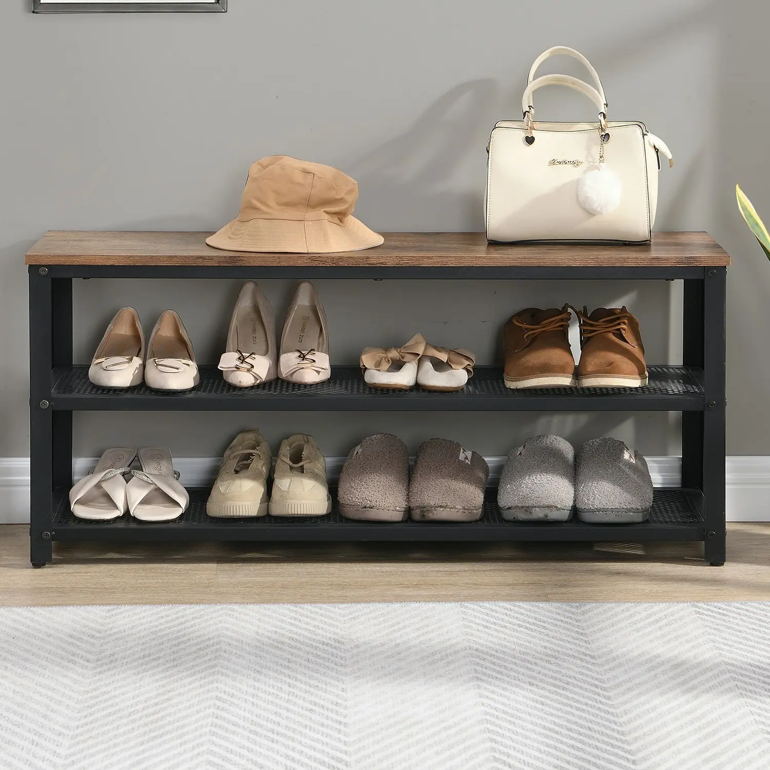 HLIVING 3-Tier Shoe Bench with Storage, Entryway Shoe Rack,Rustic Brown