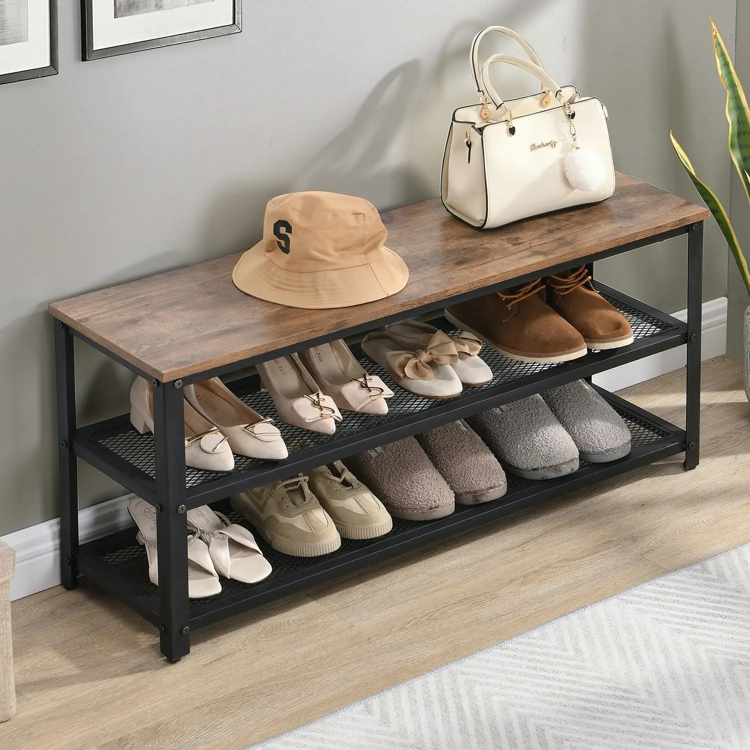 HLIVING 3-Tier Shoe Bench with Storage, Entryway Shoe Rack,Rustic Brown