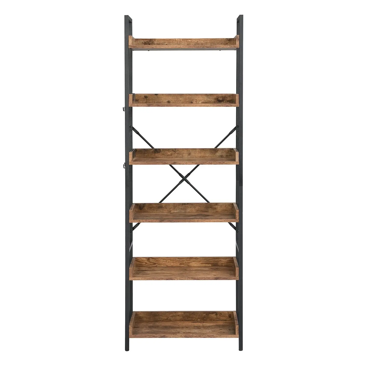 HLIVING 6 Tier Industrial Wood Bookshelf and Bookcase with 4 Hooks, Brown