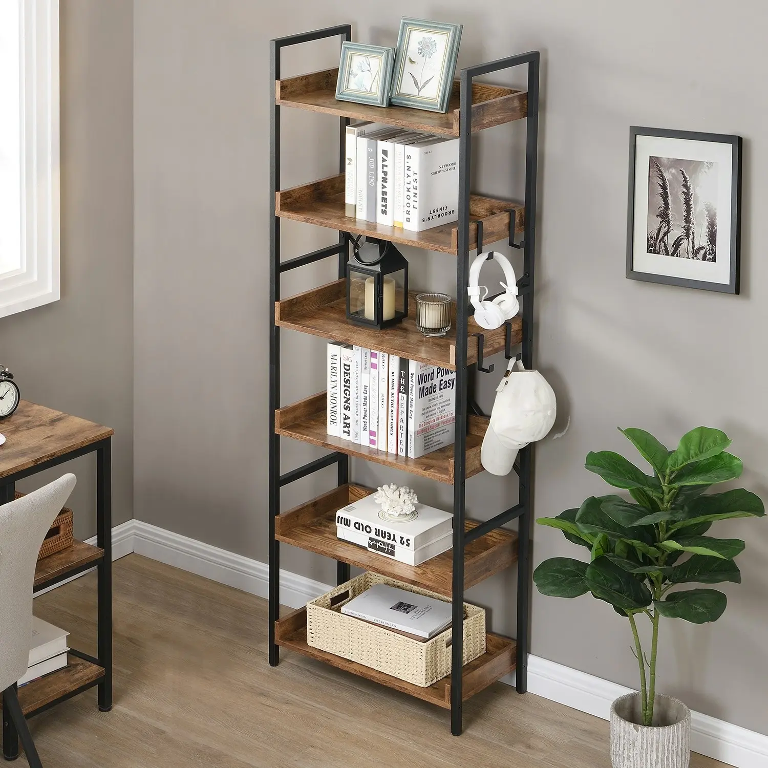 HLIVING 6 Tier Industrial Wood Bookshelf and Bookcase with 4 Hooks, Brown