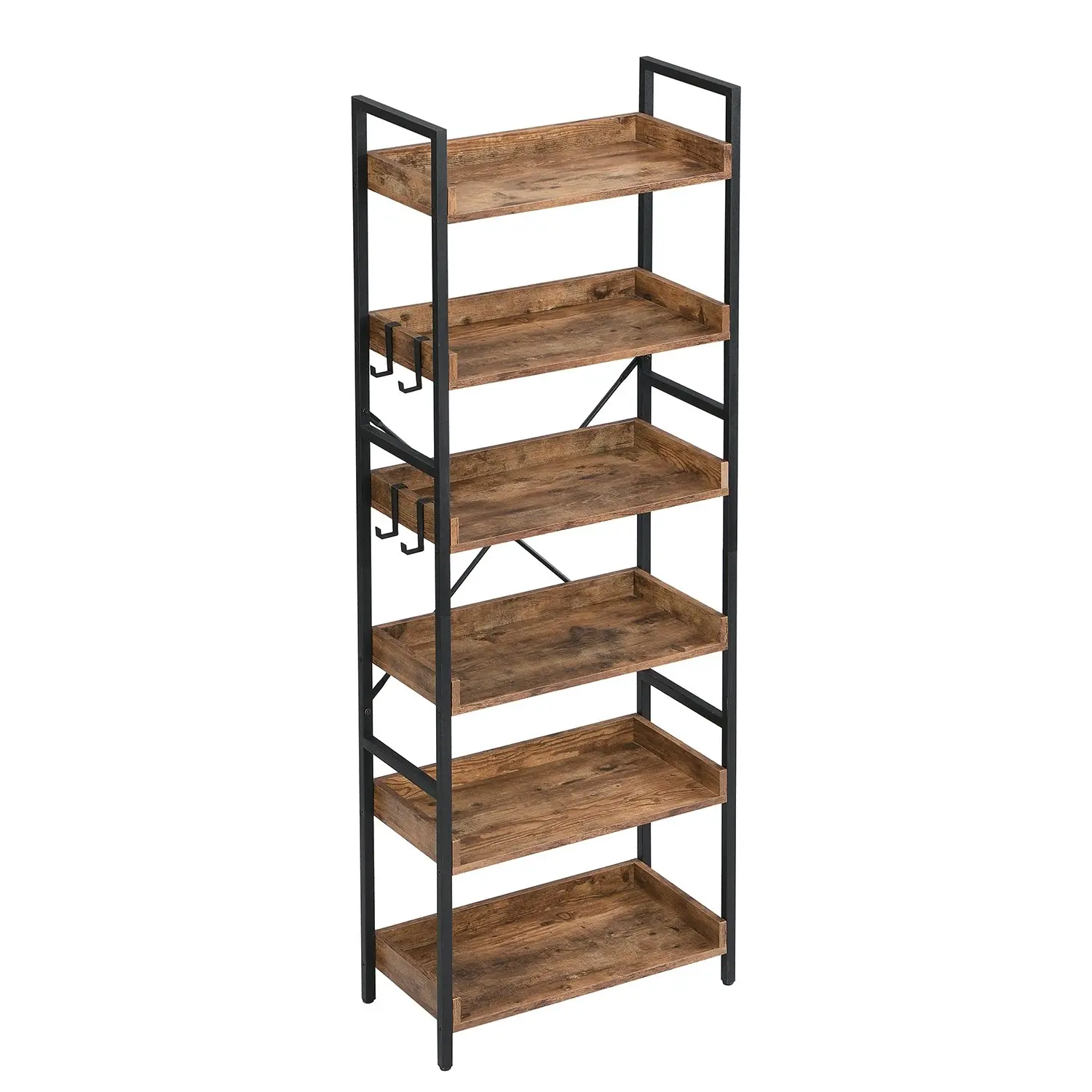 HLIVING 6 Tier Industrial Wood Bookshelf and Bookcase with 4 Hooks, Brown