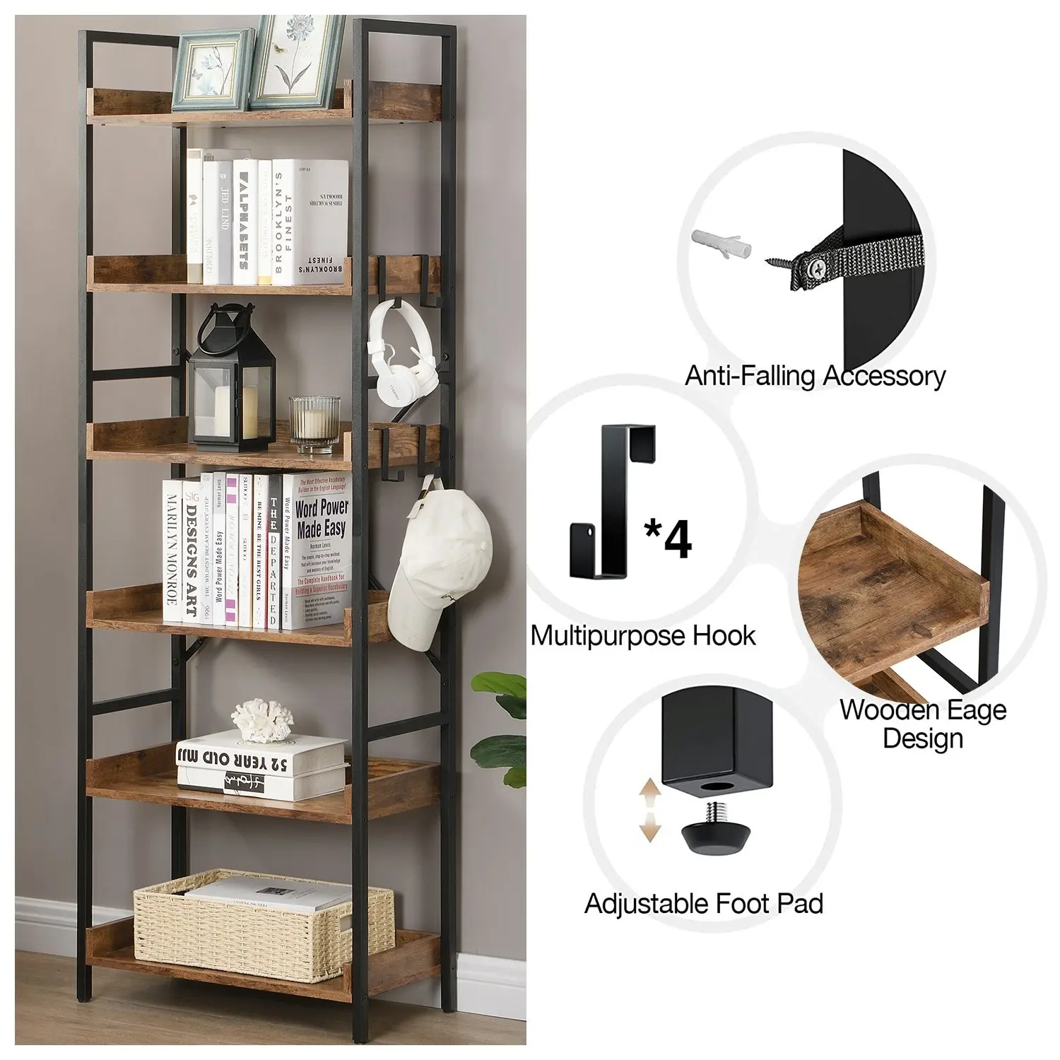 HLIVING 6 Tier Industrial Wood Bookshelf and Bookcase with 4 Hooks, Brown