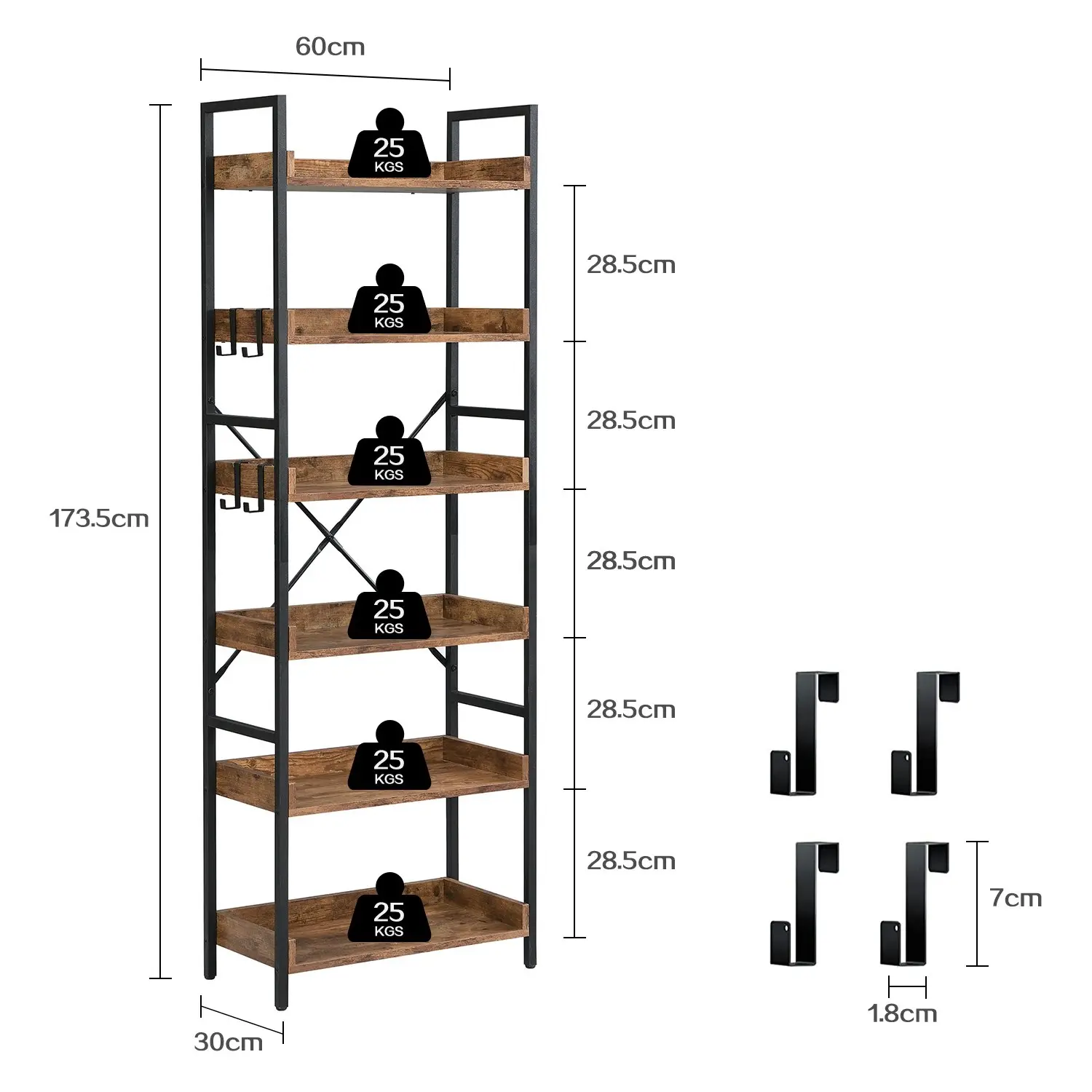 HLIVING 6 Tier Industrial Wood Bookshelf and Bookcase with 4 Hooks, Brown