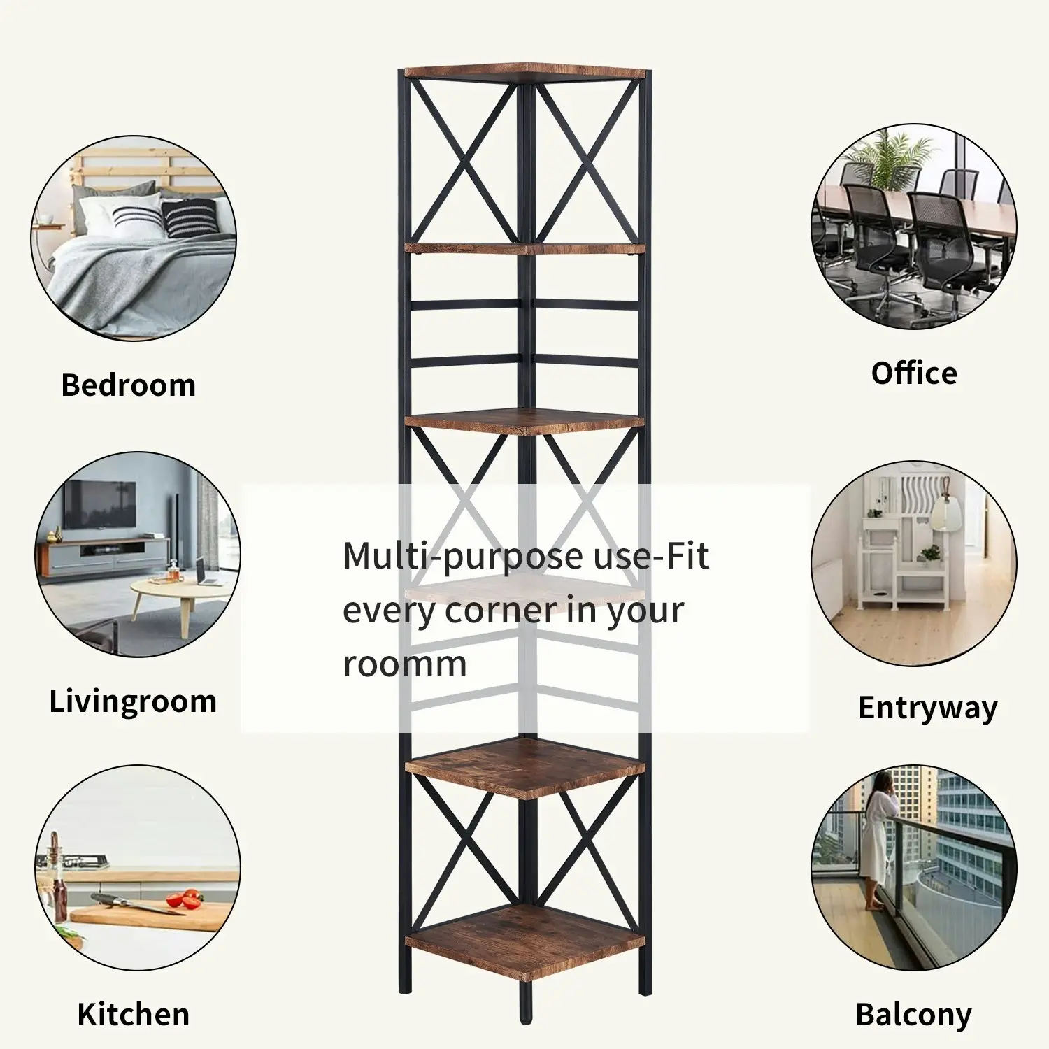 HLIVING 6 Tier Industrial Corner Shelf Unit, Tall Bookcase Storage Display Rac, Brown