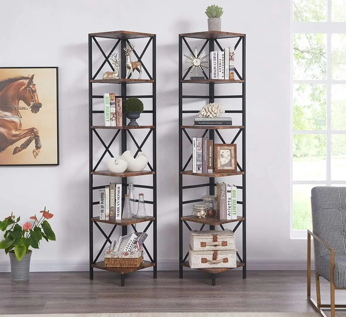 HLIVING 6 Tier Industrial Corner Shelf Unit, Tall Bookcase Storage Display Rac, Brown