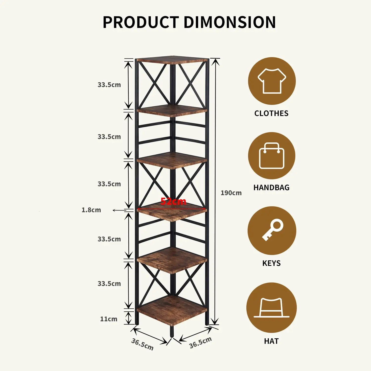 HLIVING 6 Tier Industrial Corner Shelf Unit, Tall Bookcase Storage Display Rac, Brown