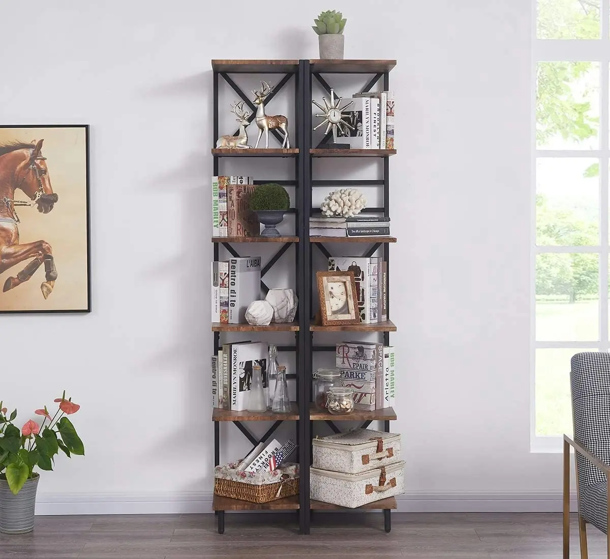 HLIVING 6 Tier Industrial Corner Shelf Unit, Tall Bookcase Storage Display Rac, Brown