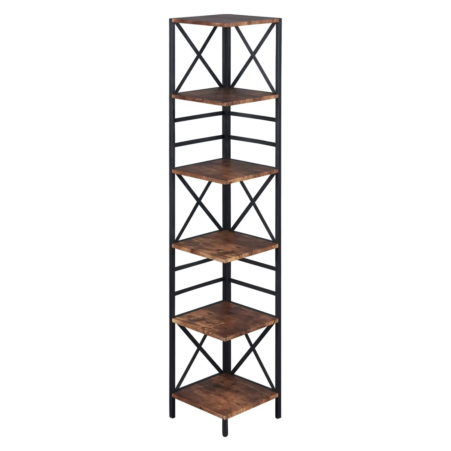 HLIVING 6 Tier Industrial Corner Shelf Unit, Tall Bookcase Storage Display Rac, Brown