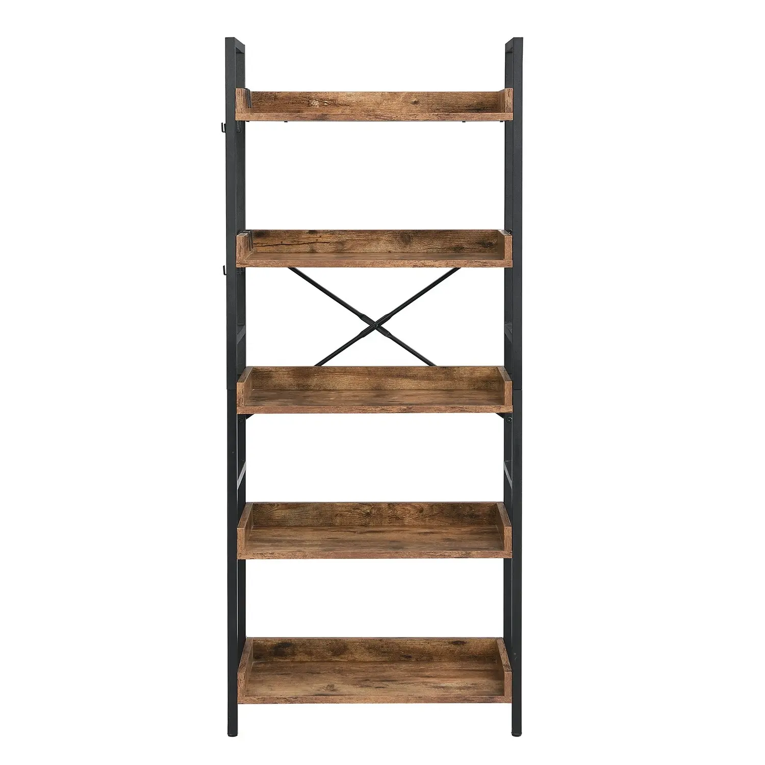 HLIVING 5 Tier Industrial Wood Bookshelf and Bookcase with 4 Hooks, Brown