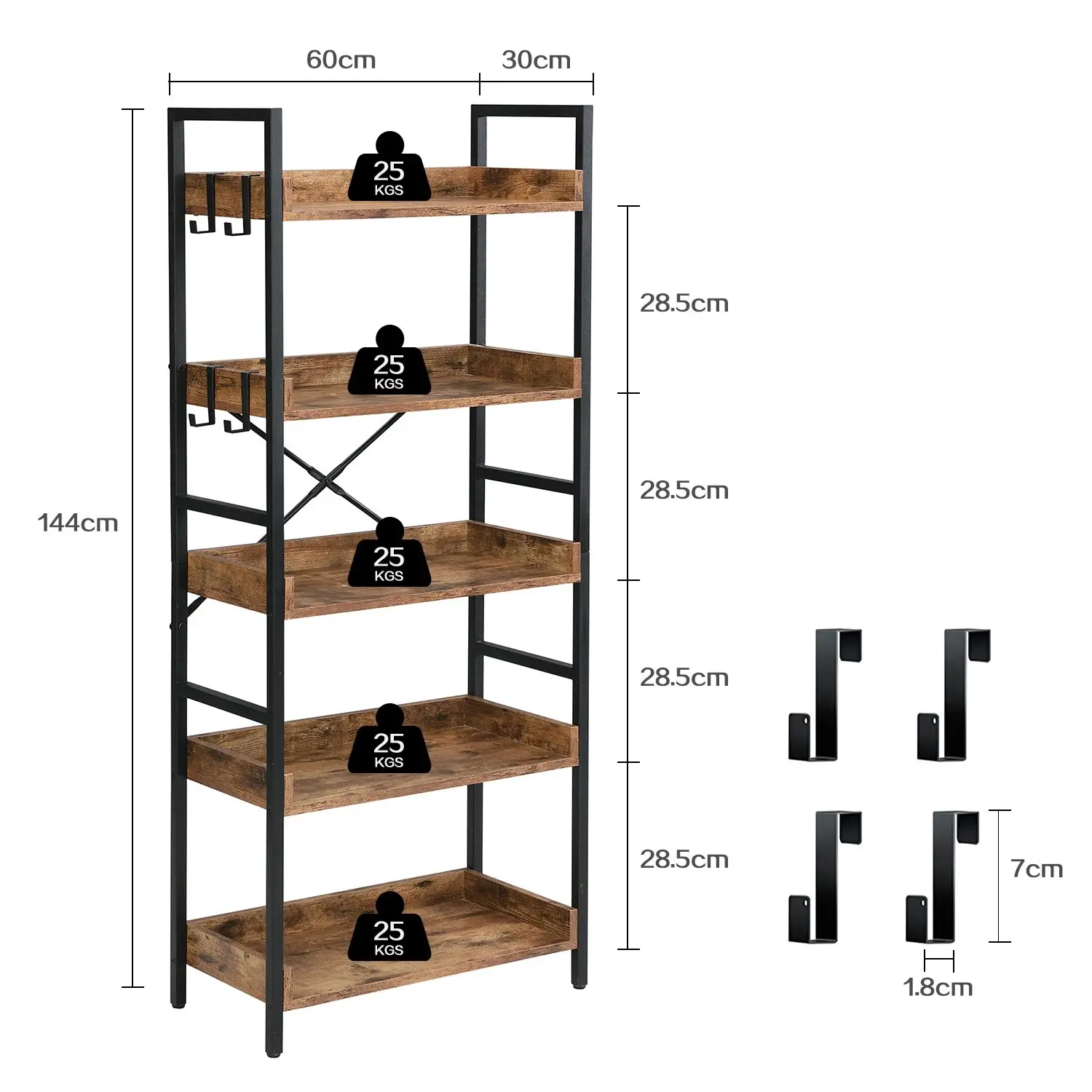 HLIVING 5 Tier Industrial Wood Bookshelf and Bookcase with 4 Hooks, Brown