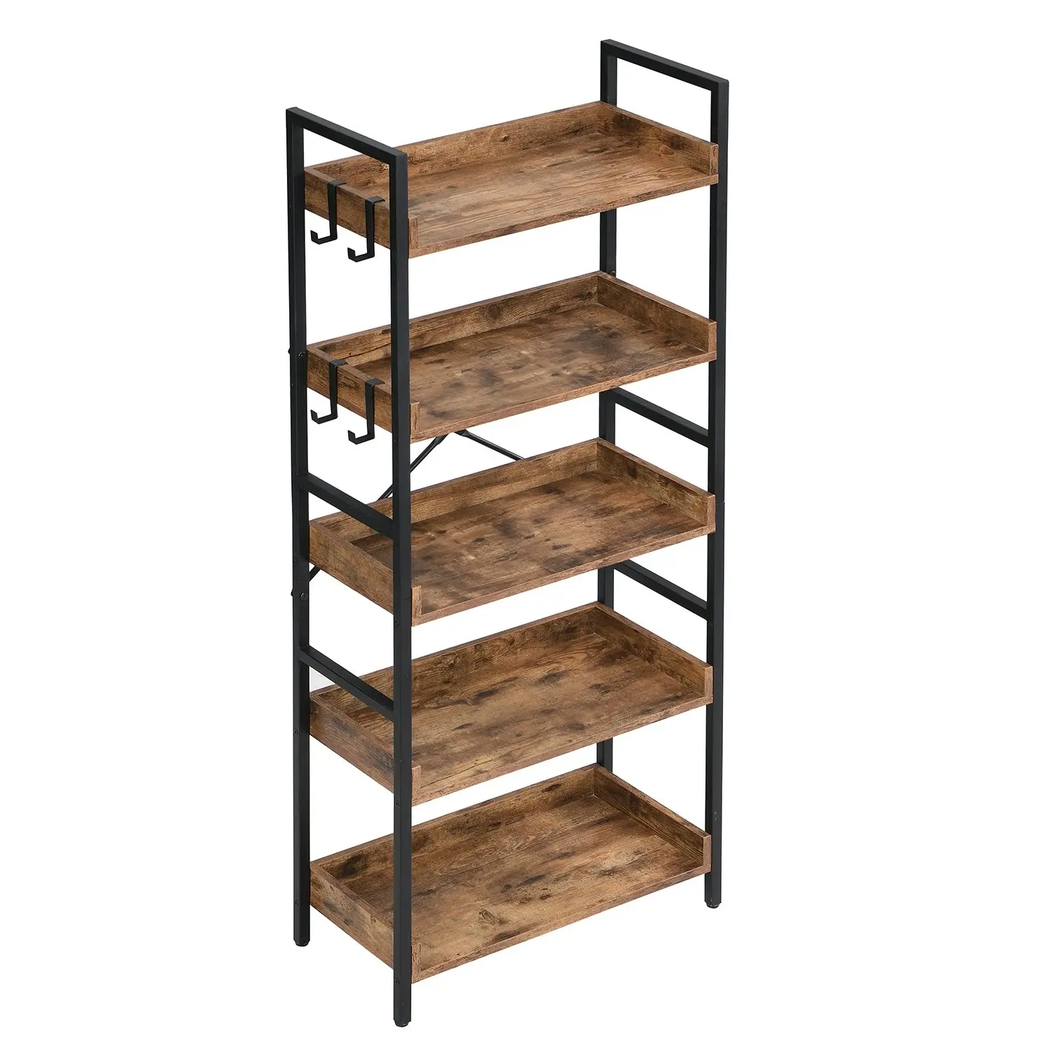 HLIVING 5 Tier Industrial Wood Bookshelf and Bookcase with 4 Hooks, Brown