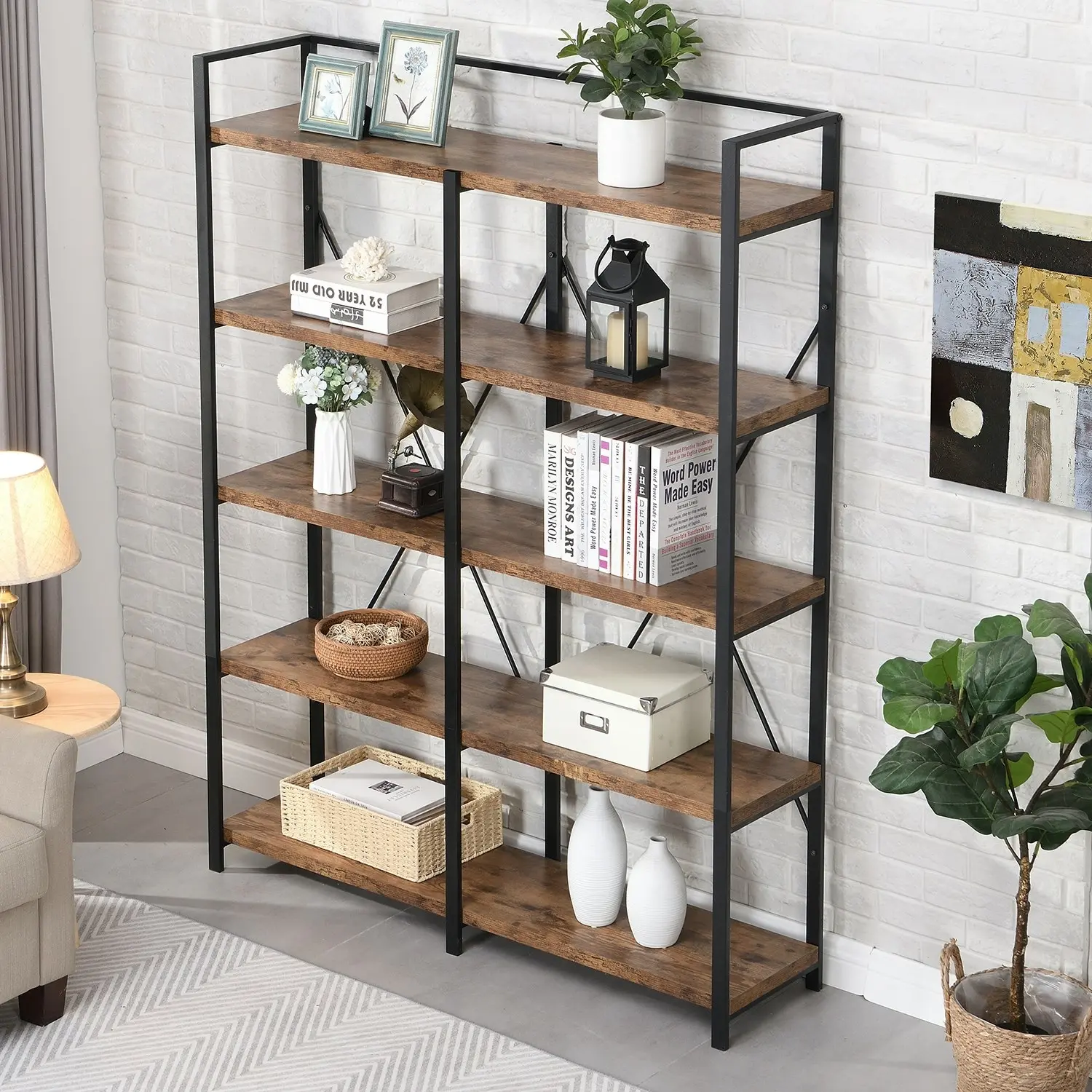 HLIVING 5 Tier Wide Industrial Bookshelf, Rustic Wood Bookcase,Rustic Brown