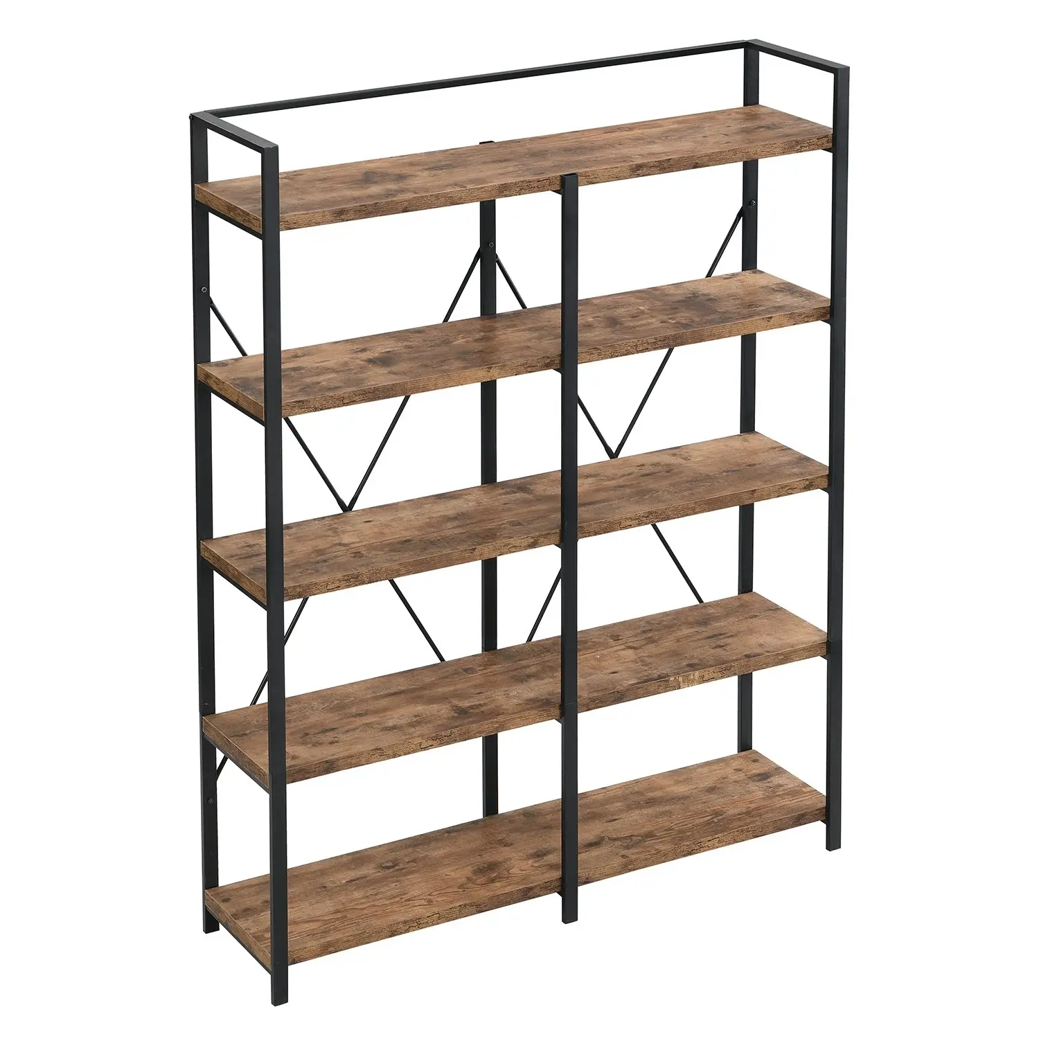 HLIVING 5 Tier Wide Industrial Bookshelf, Rustic Wood Bookcase,Rustic Brown