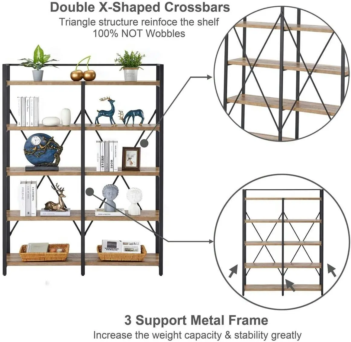 HLIVING 5 Tier Wide Industrial Bookshelf, Rustic Wood Bookcase,Rustic Brown