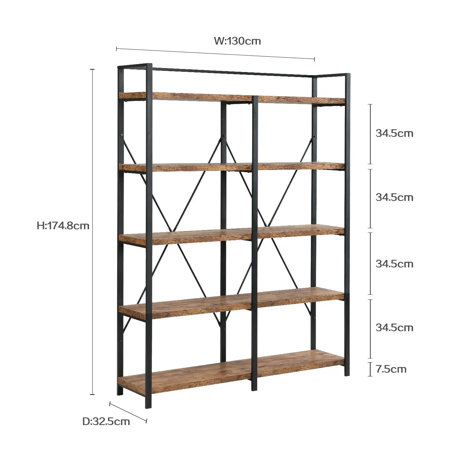 HLIVING 5 Tier Wide Industrial Bookshelf, Rustic Wood Bookcase,Rustic Brown