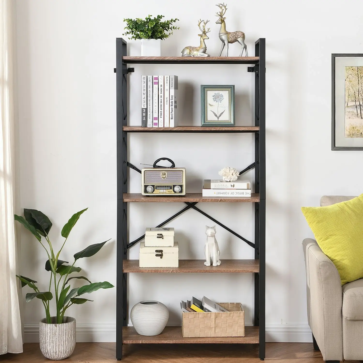 HLIVING Small 5-Tier Industrial Bookshelf and Bookcase,Display Rack,Brown