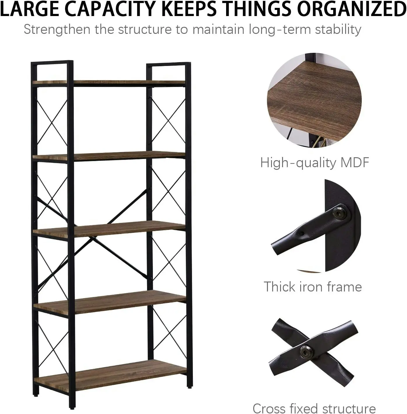 HLIVING Small 5-Tier Industrial Bookshelf and Bookcase,Display Rack,Brown