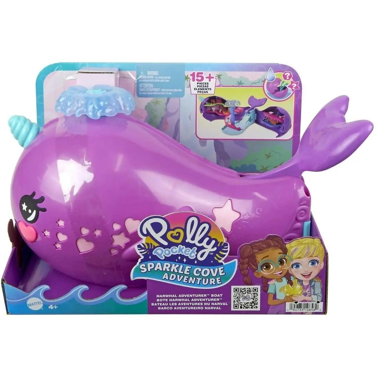 Polly Pocket - Sparkle Cove Adventure Narwhal Adventurer Boat Playset With 2 Micro Dolls & 13 Accessories - Mattel