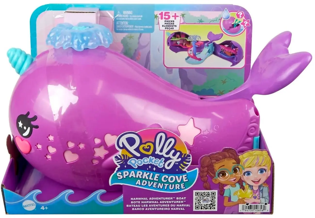 Polly Pocket - Sparkle Cove Adventure Narwhal Adventurer Boat Playset With 2 Micro Dolls & 13 Accessories - Mattel