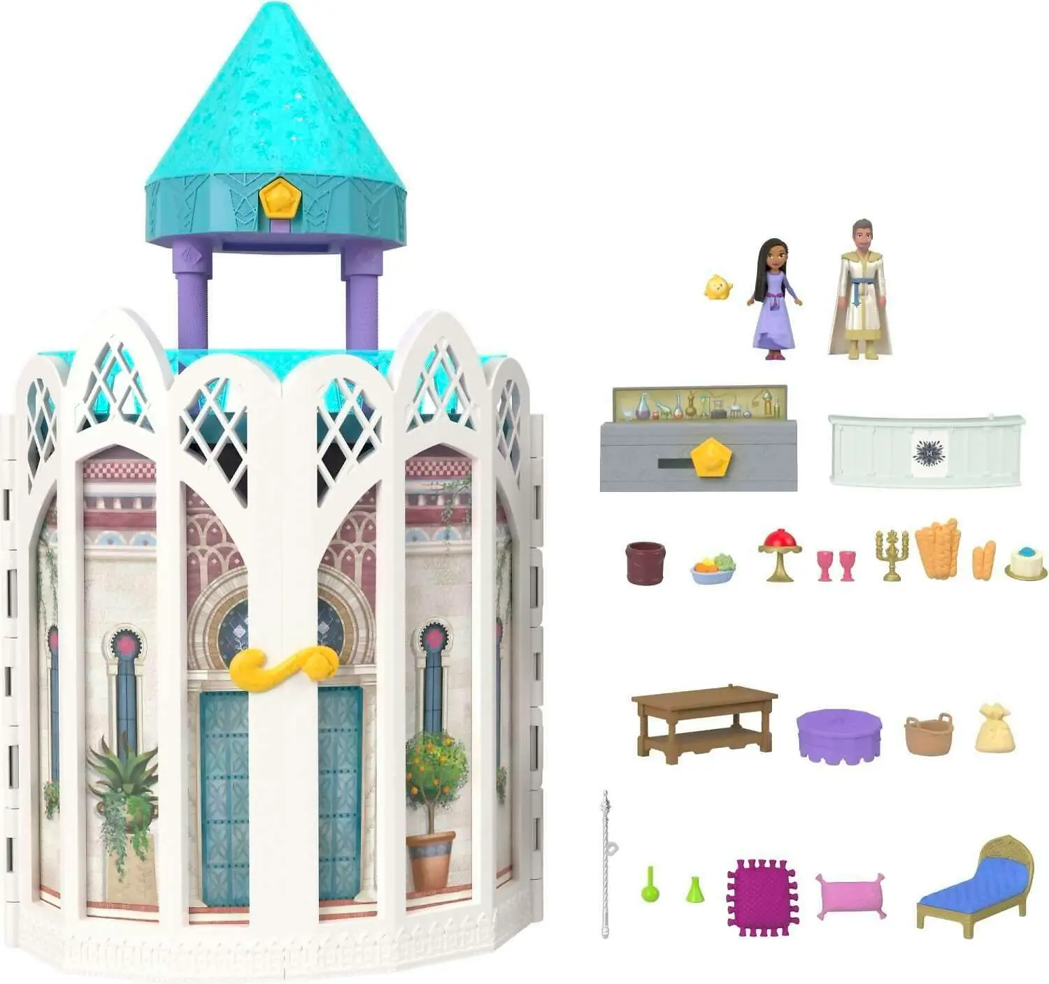 Disney Wish - Rosas Castle Dollhouse Playset With 2 Posable Mini Dolls Star Figure 20 Accessories Light-up Projection Dome & More - Mattel