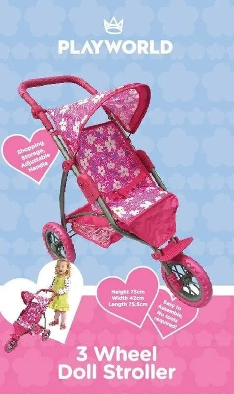 Playworld - 3 Wheel Doll Toy Stroller Hot Pink