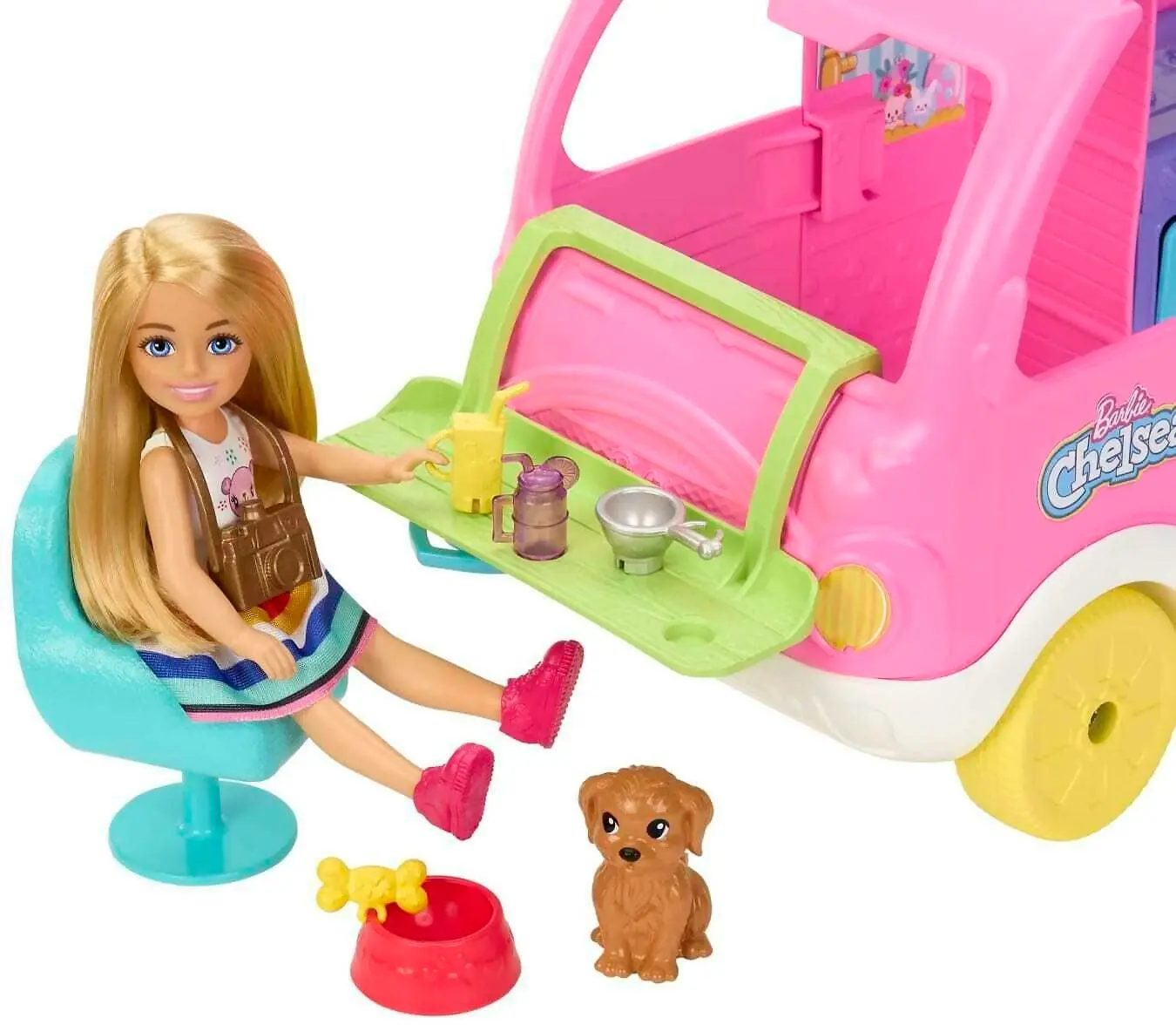 Barbie - Chelsea 2-in-1 Camper Playset With Chelsea Small Doll 2 Pets & 15 Accessories - Mattel