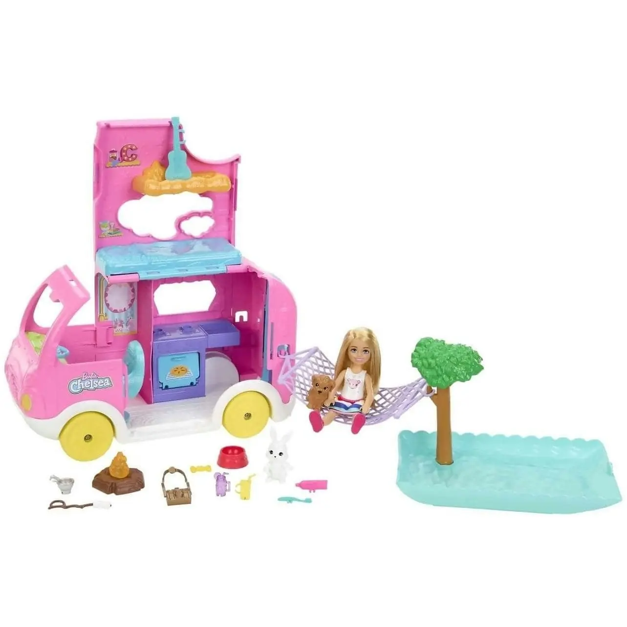 Barbie - Chelsea 2-in-1 Camper Playset With Chelsea Small Doll 2 Pets & 15 Accessories - Mattel