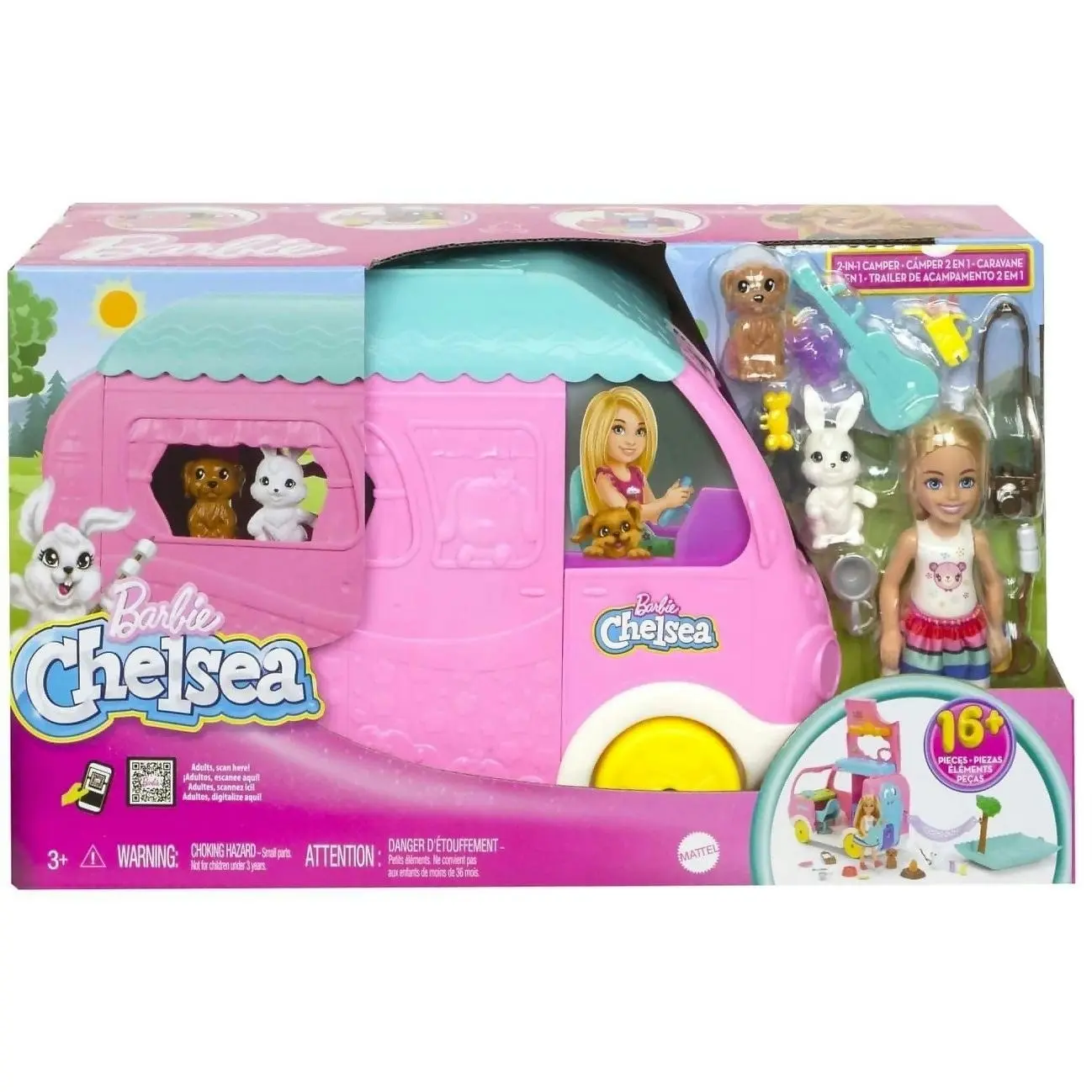 Barbie - Chelsea 2-in-1 Camper Playset With Chelsea Small Doll 2 Pets & 15 Accessories - Mattel