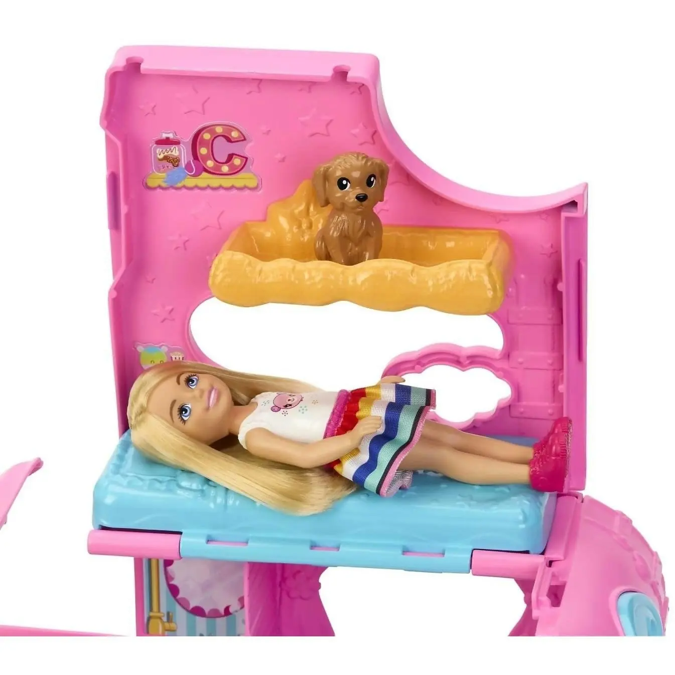 Barbie - Chelsea 2-in-1 Camper Playset With Chelsea Small Doll 2 Pets & 15 Accessories - Mattel