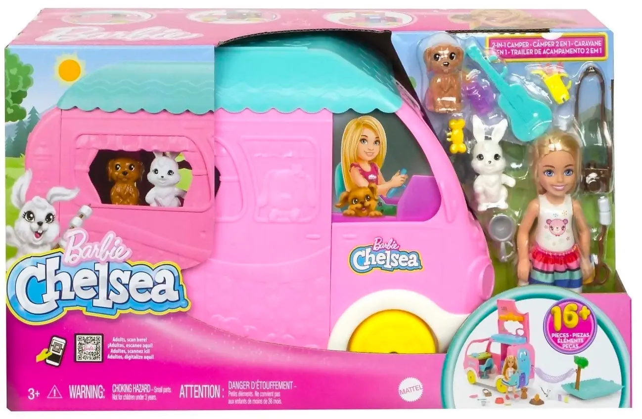 Barbie - Chelsea 2-in-1 Camper Playset With Chelsea Small Doll 2 Pets & 15 Accessories - Mattel