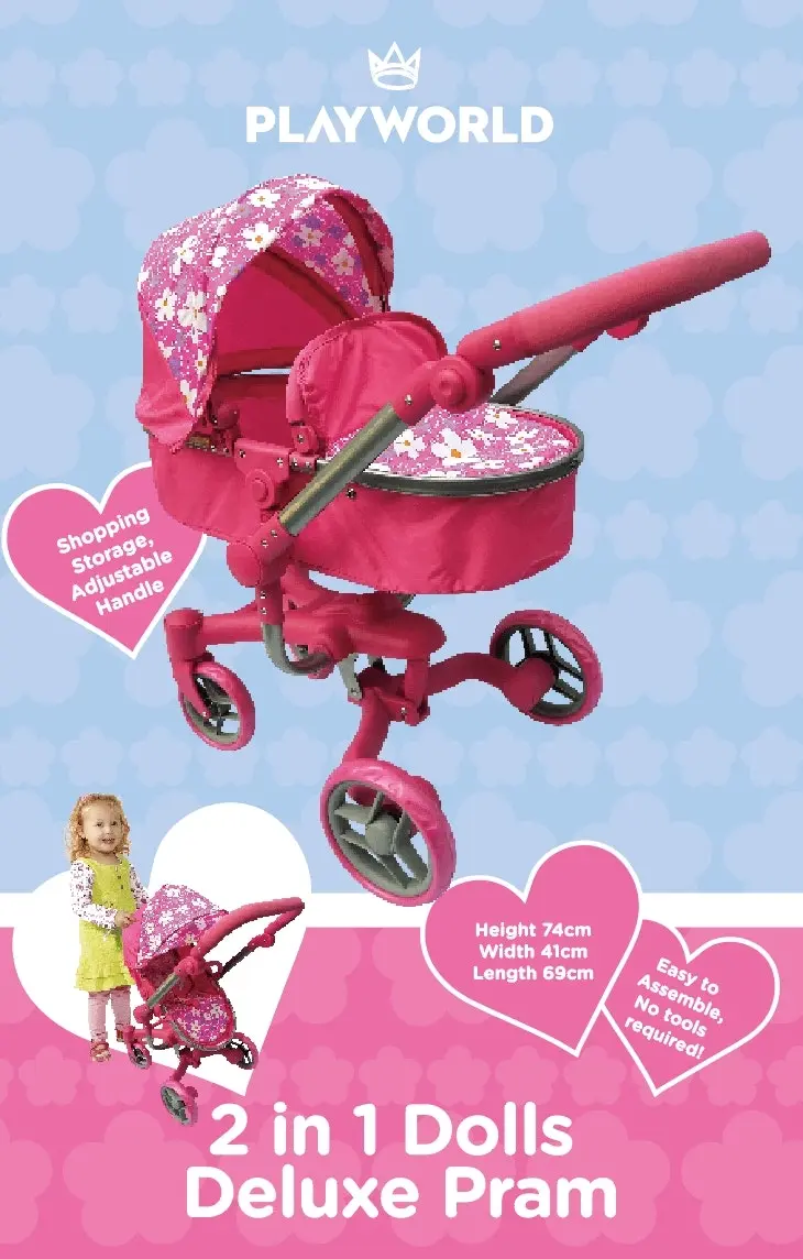 Playworld - Doll Deluxe 2 In 1 Toy Pram Pink