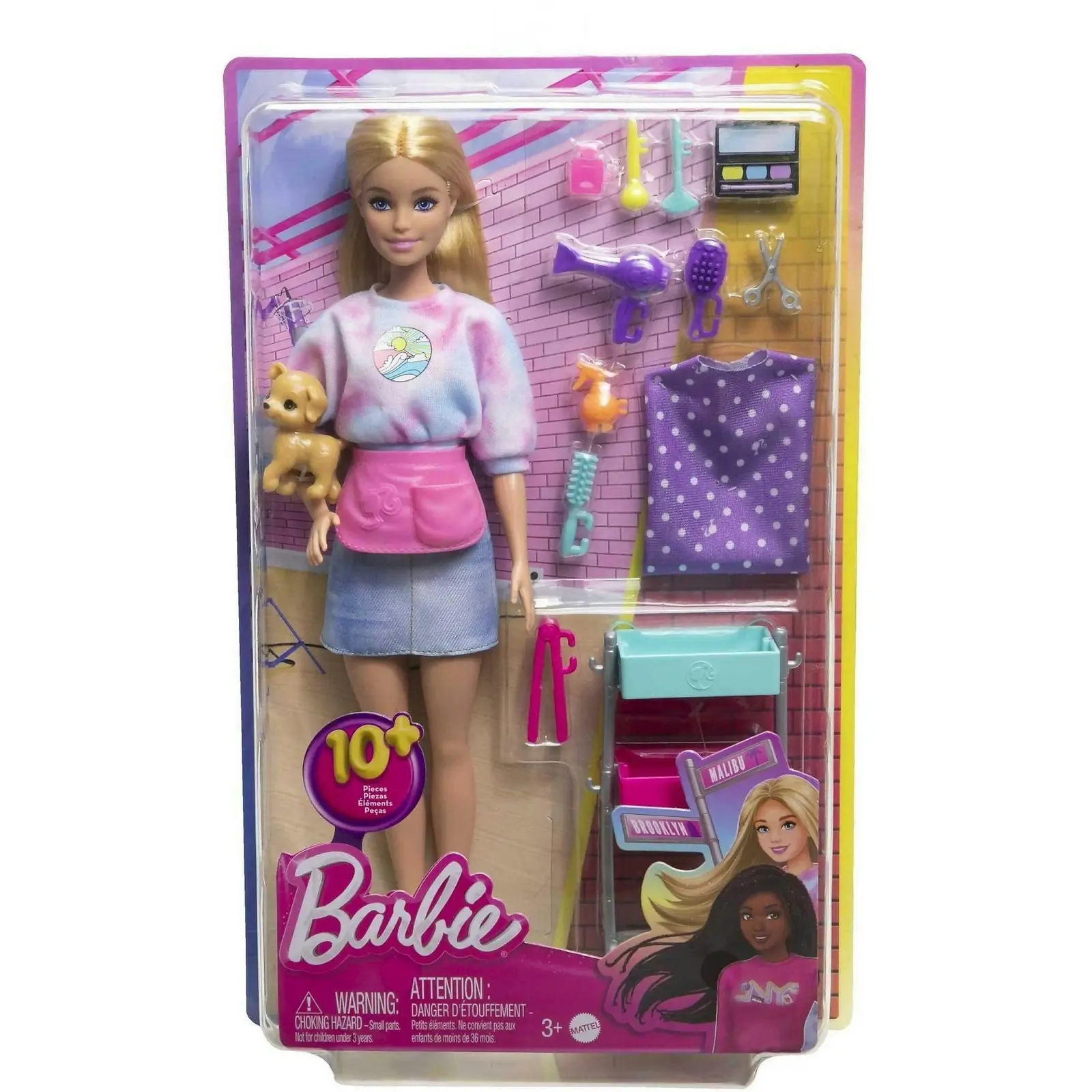 Barbie - “malibu” Stylist Doll & 14 Accessories Playset Hair & Makeup Theme With Puppy & Styling Cart - Mattel