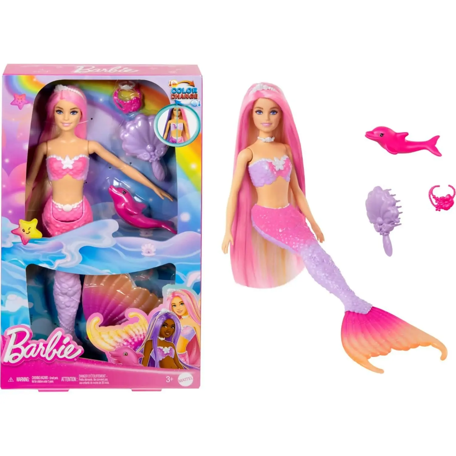 Barbie - A Touch Of Magic Malibu Mermaid Doll With Color Change Feature Pet Dolphin And Accessories - Mattel