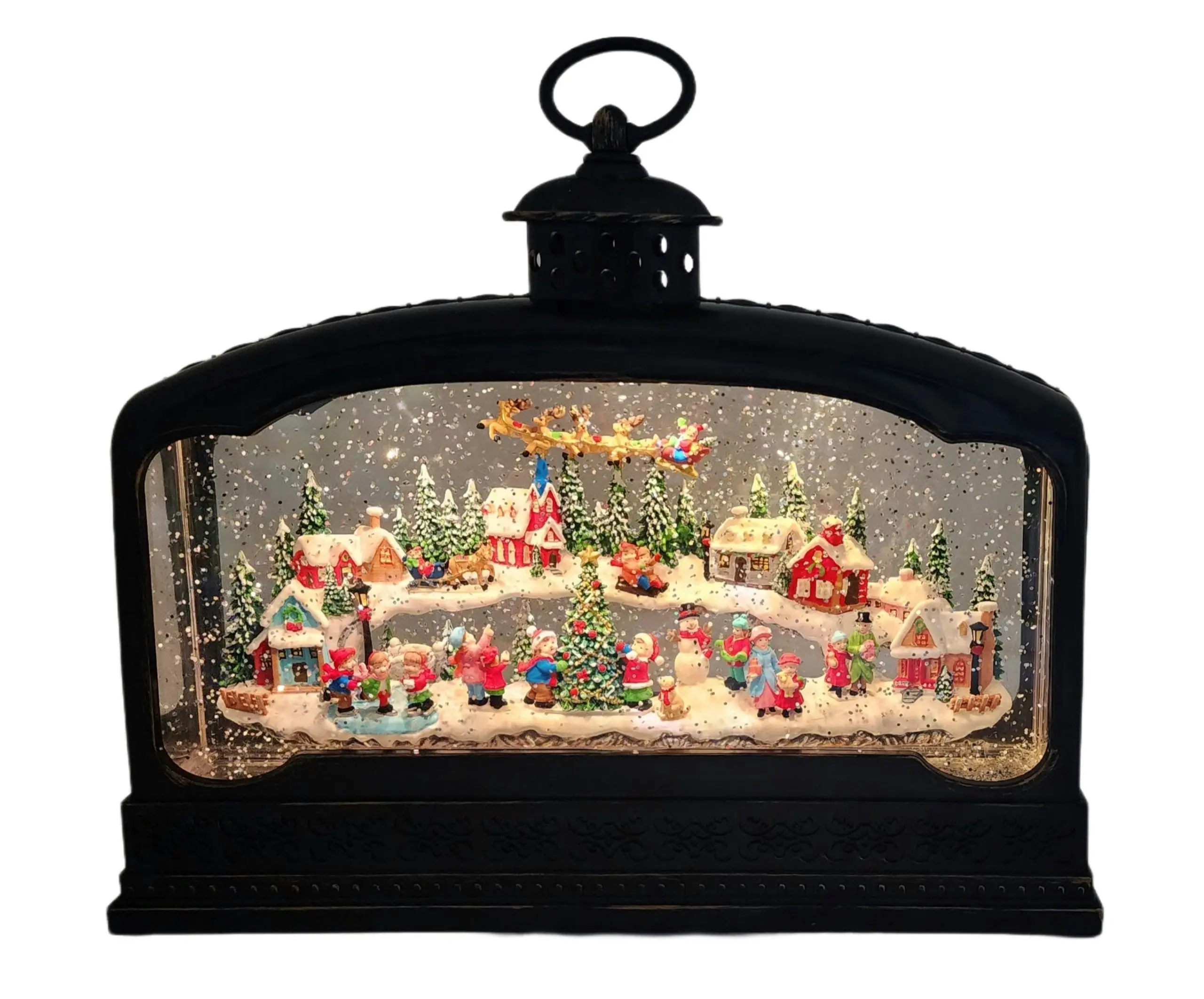 Cotton Candy - Xmas Lantern Extra Wide Brass Glitter Lantern North Village Scene With Santa Xac426