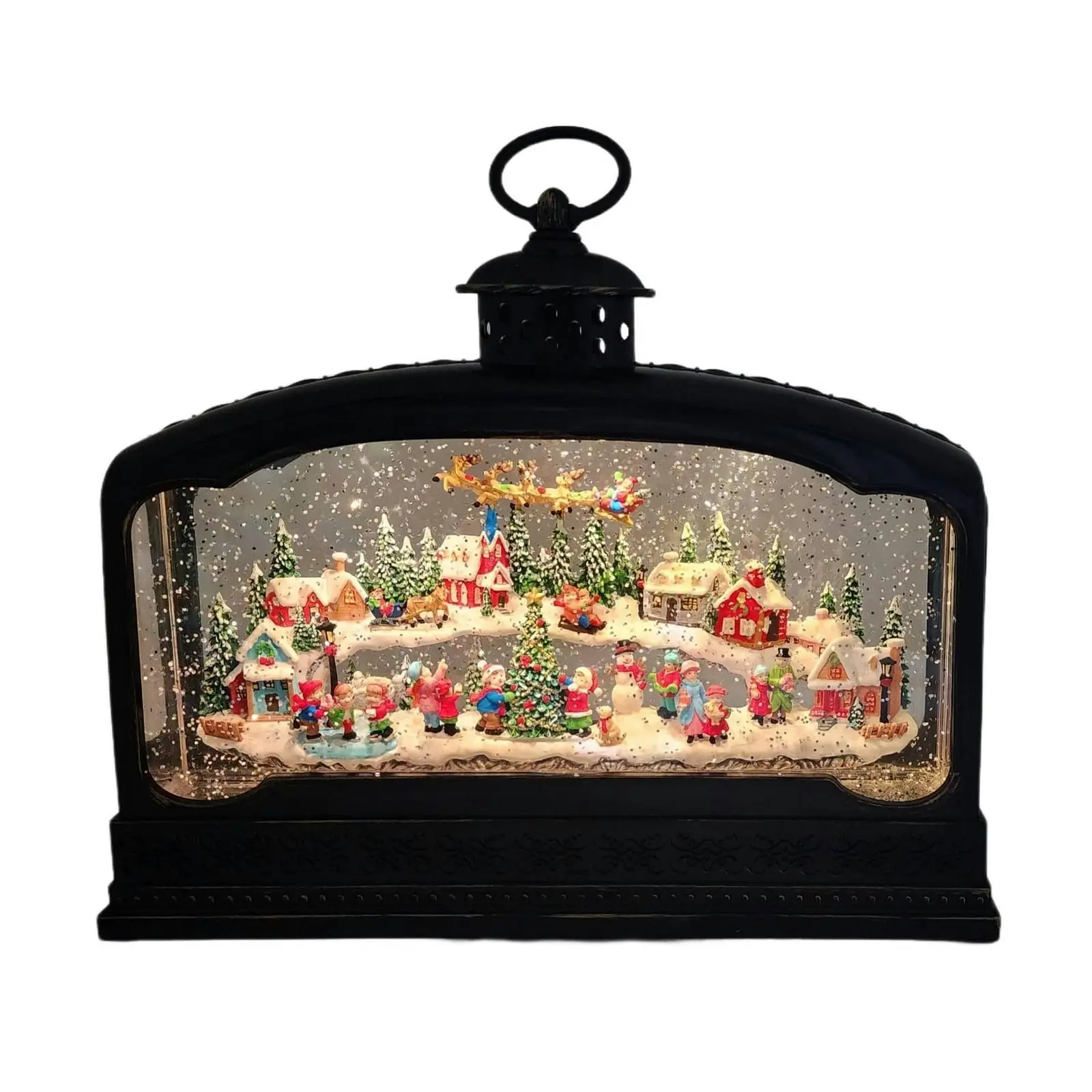 Cotton Candy - Xmas Lantern Extra Wide Brass Glitter Lantern North Village Scene With Santa Xac426