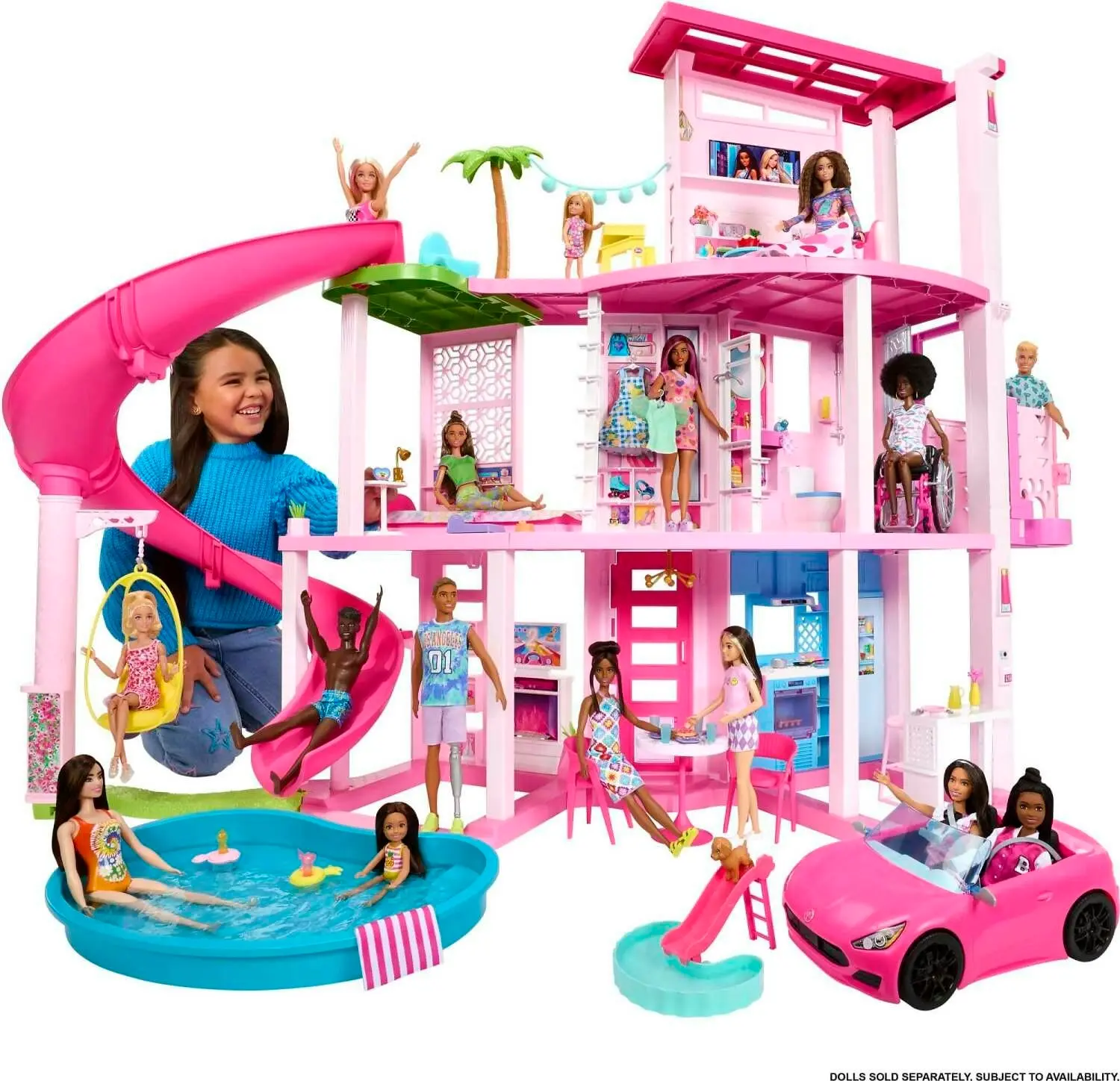 Barbie - Dreamhouse 75+ Pieces Pool Party Doll House With 3 Story Slide - Mattel